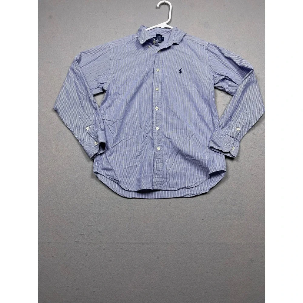 Ralph Lauren Boys Blue White Pinstripe Button Down Shirt Size M 10-12 Cotton